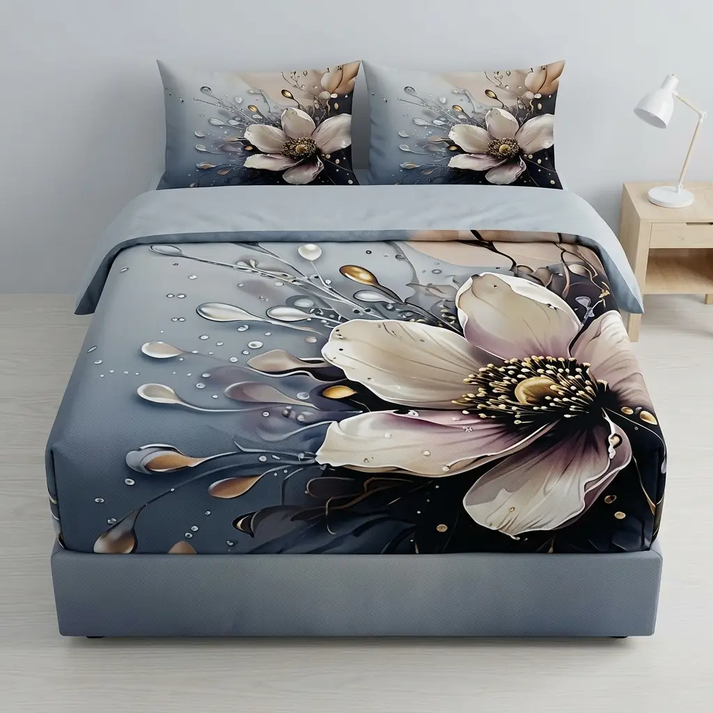 7D Florence Grey Beige Bloom Bedsheet