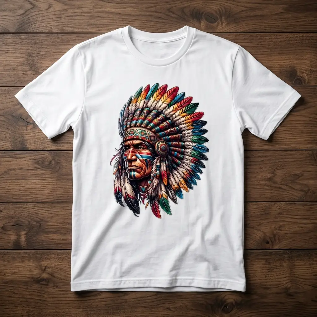 Native Warrior Feather Headdress Printed T-Shirt