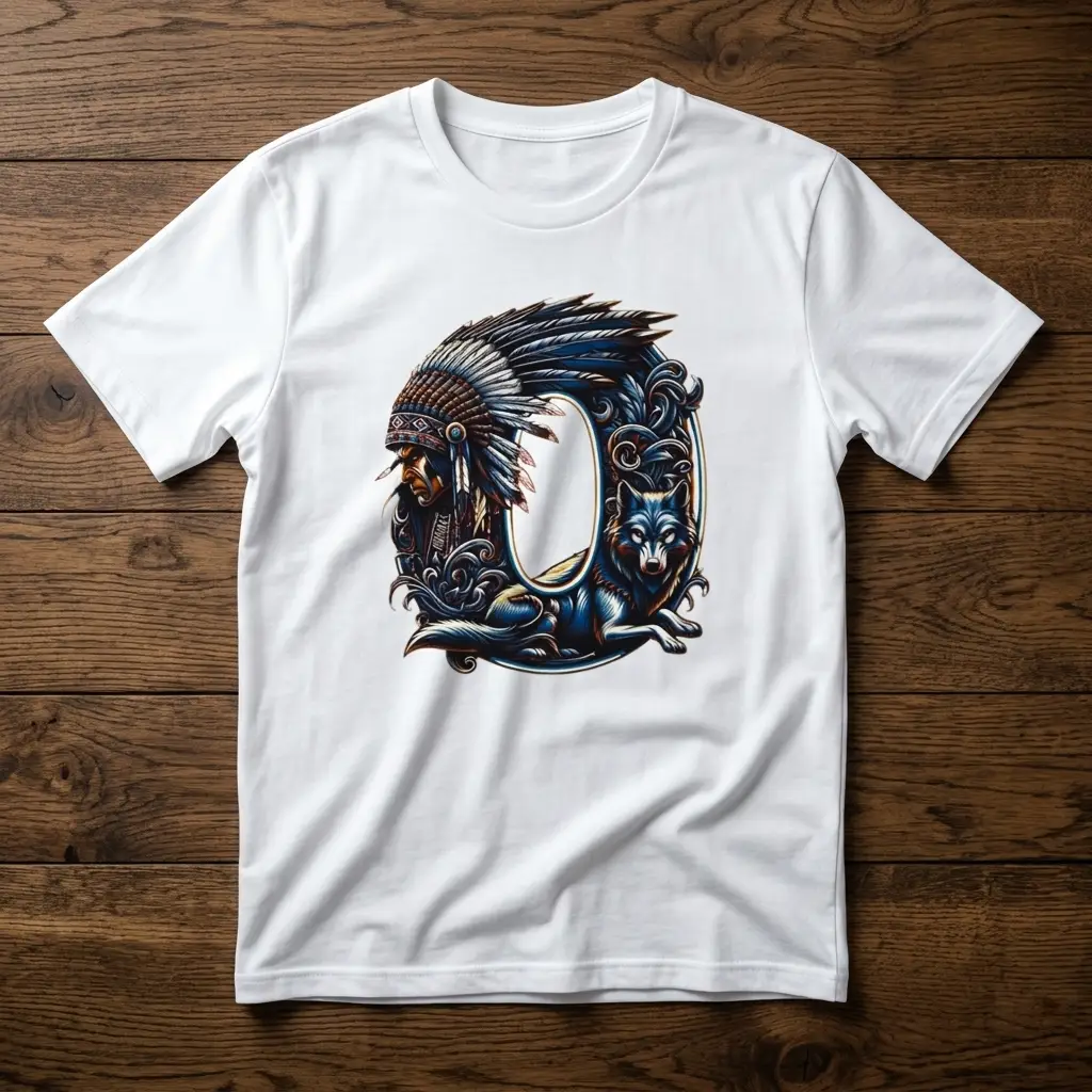 Tribal Warrior & Wolf Alphabet “D” Printed T-Shirt