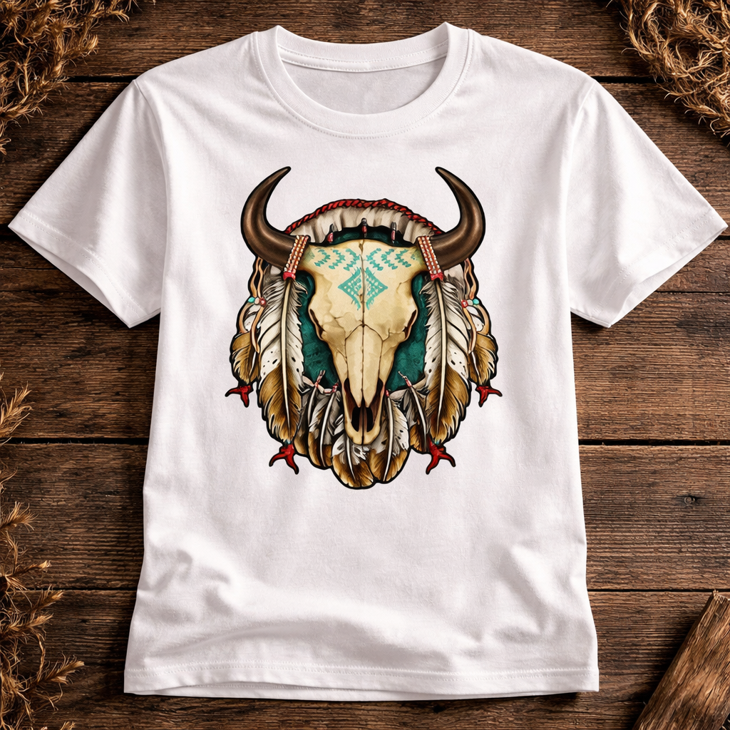 Tribal Bull Skull Feather Printed T-Shirt