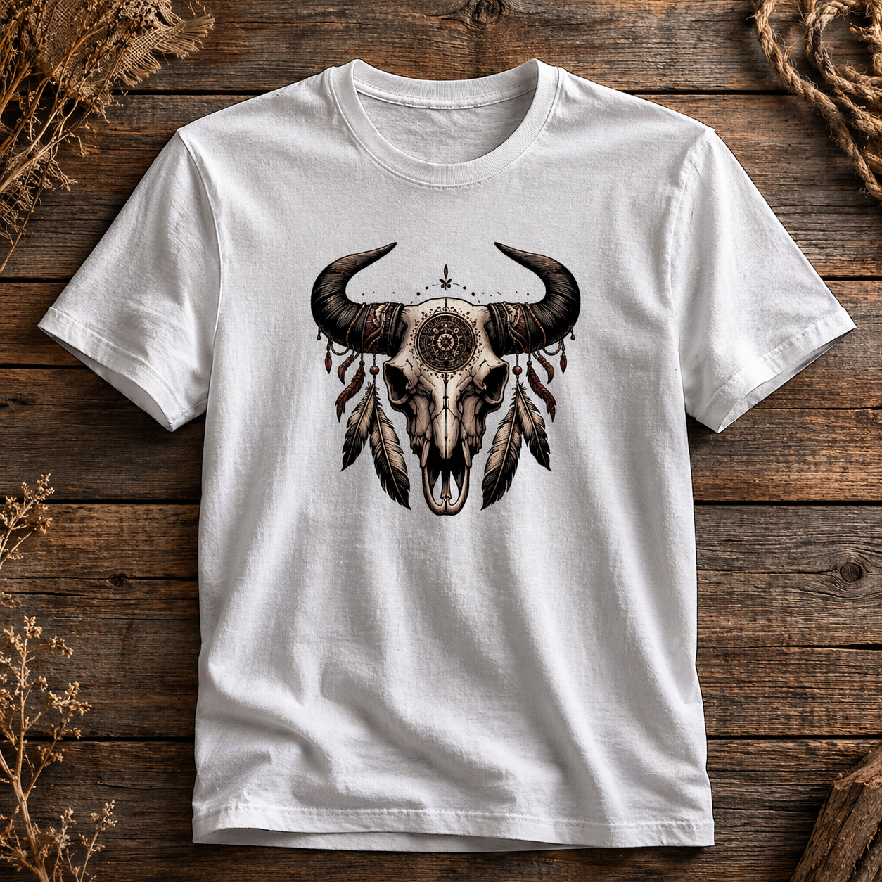 Boho Tribal Bull Skull Printed T-Shirt