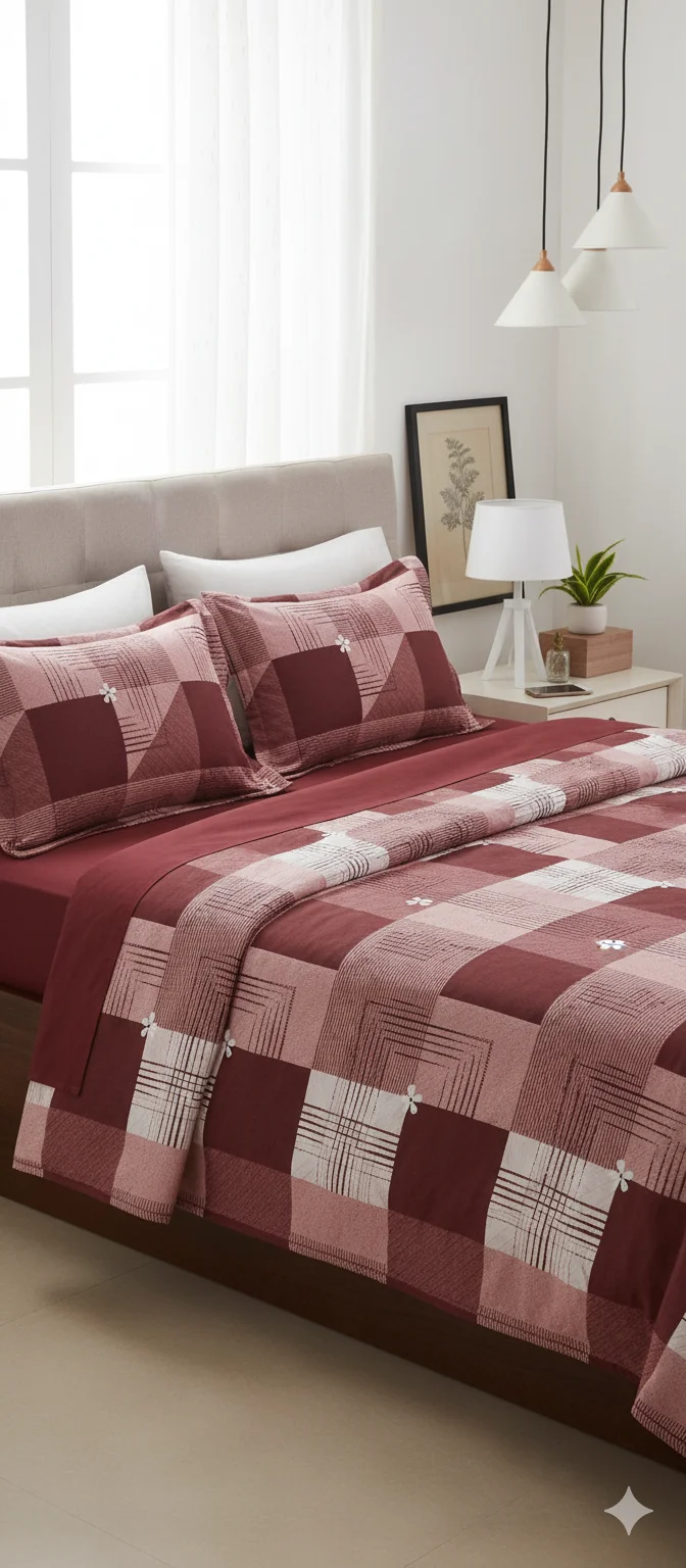 Sweden Classy Threads Queen Size Check Printed Cotton Bedsheet Set