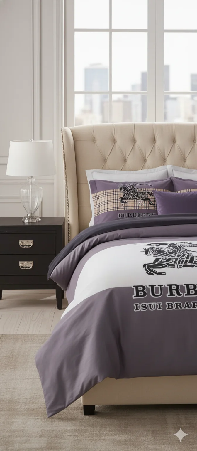 Burberry Style Queen Size Printed Bedsheet Set (Non-Elastic)