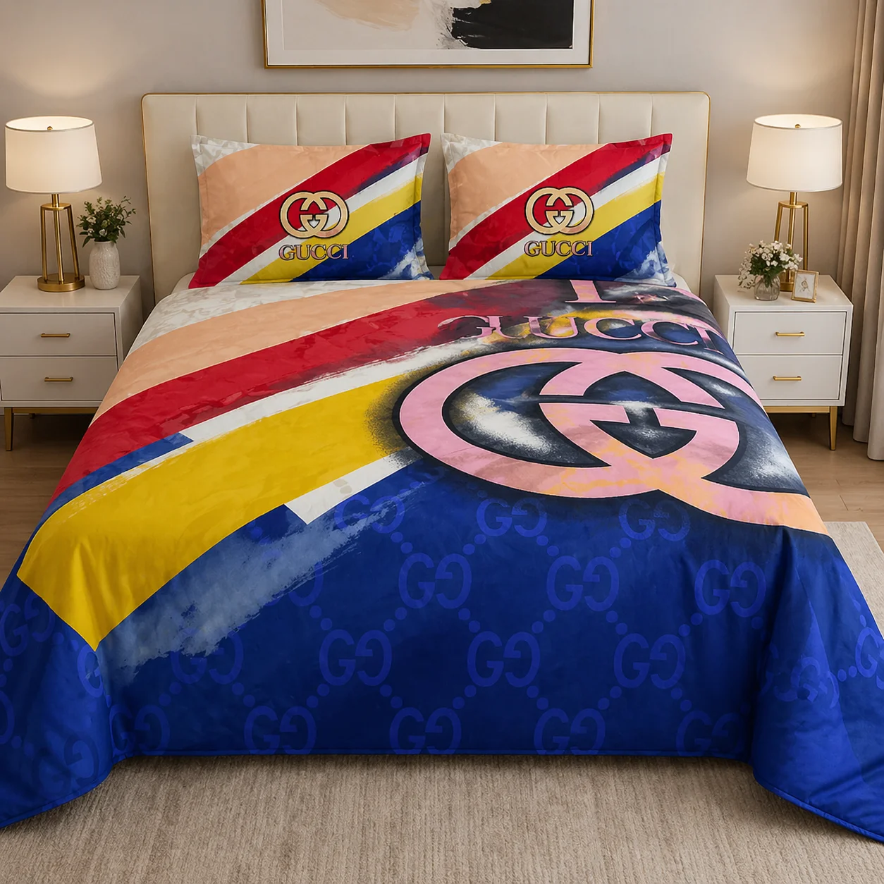 Gucci Style Queen Size Printed Bedsheet Set (Non-Elastic Cotton Fabric)