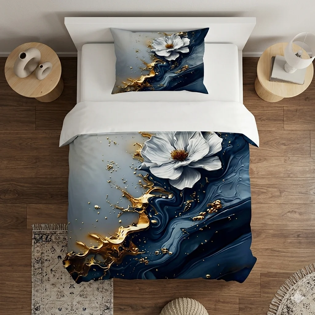 7D Florence Blue Gold Bloom Bedsheet