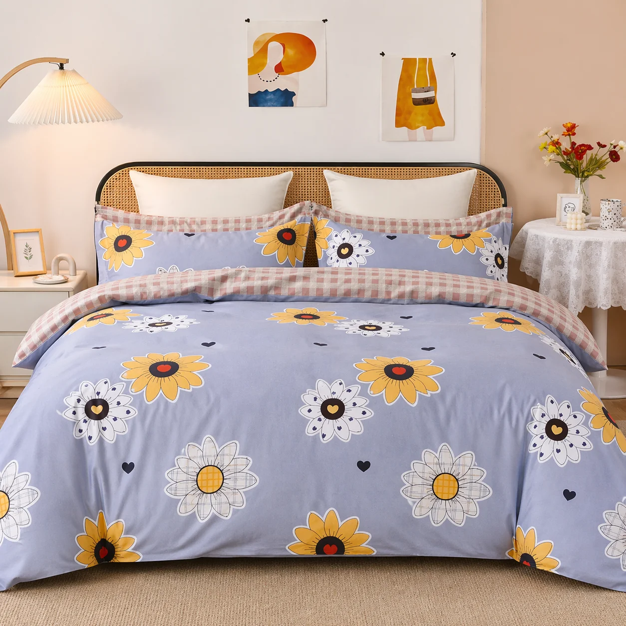 MTR Queen Elastic Fitted Blue Floral Bedsheet
