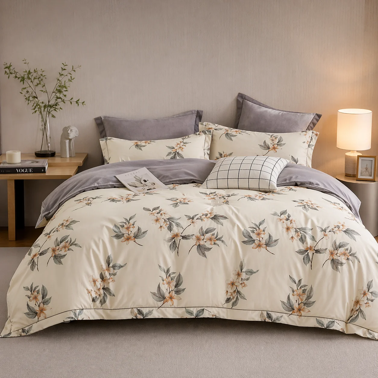 MTR Queen Elastic Fitted Grey White Floral Bedsheet