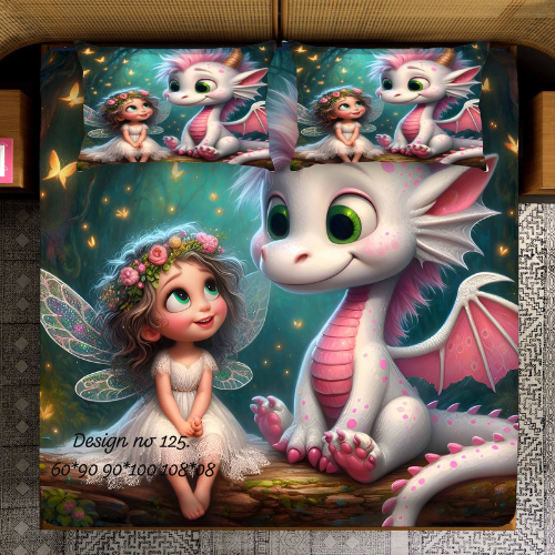 Cute Fairy & Baby Dragon Fantasy Bedsheet ( Queen )