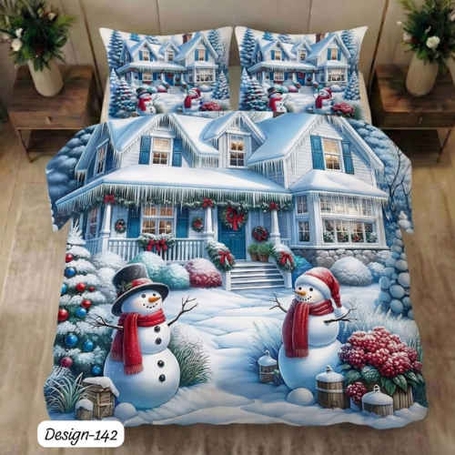 Winter Snowman Village Bedsheet (Queen)