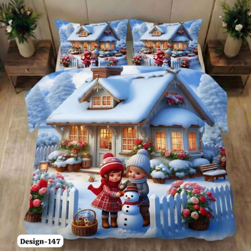 Winter Snow Cottage Kids Bedsheet (Queen)
