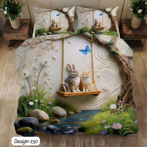 Cute Bunny & Cat Garden Swing Bedsheet  (Queen)