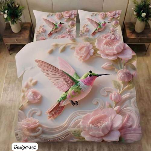 Elegant Hummingbird Floral Bedsheet (Queen )