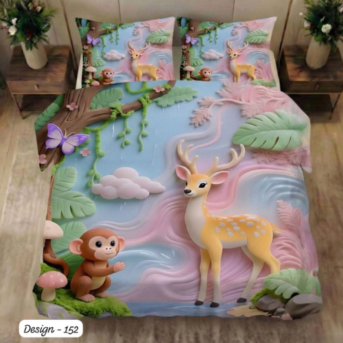 Cute Deer & Monkey Forest Bedsheet (queen)