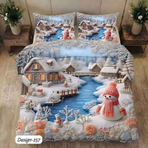 Winter Snow Village River Bedsheet (Queen)