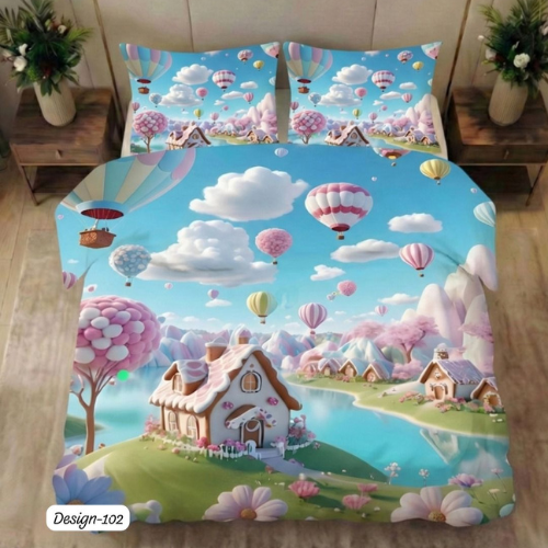 hot air balloons, pastel village aur fantasy sky landscape Bedsheet (Queen )
