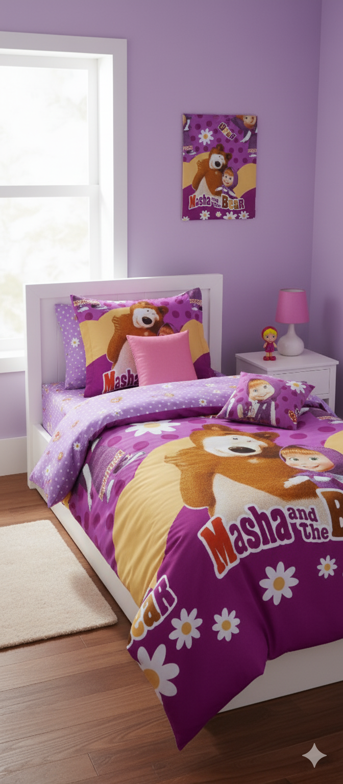 Masha And The Bear Cotton Printed Bedsheet Set